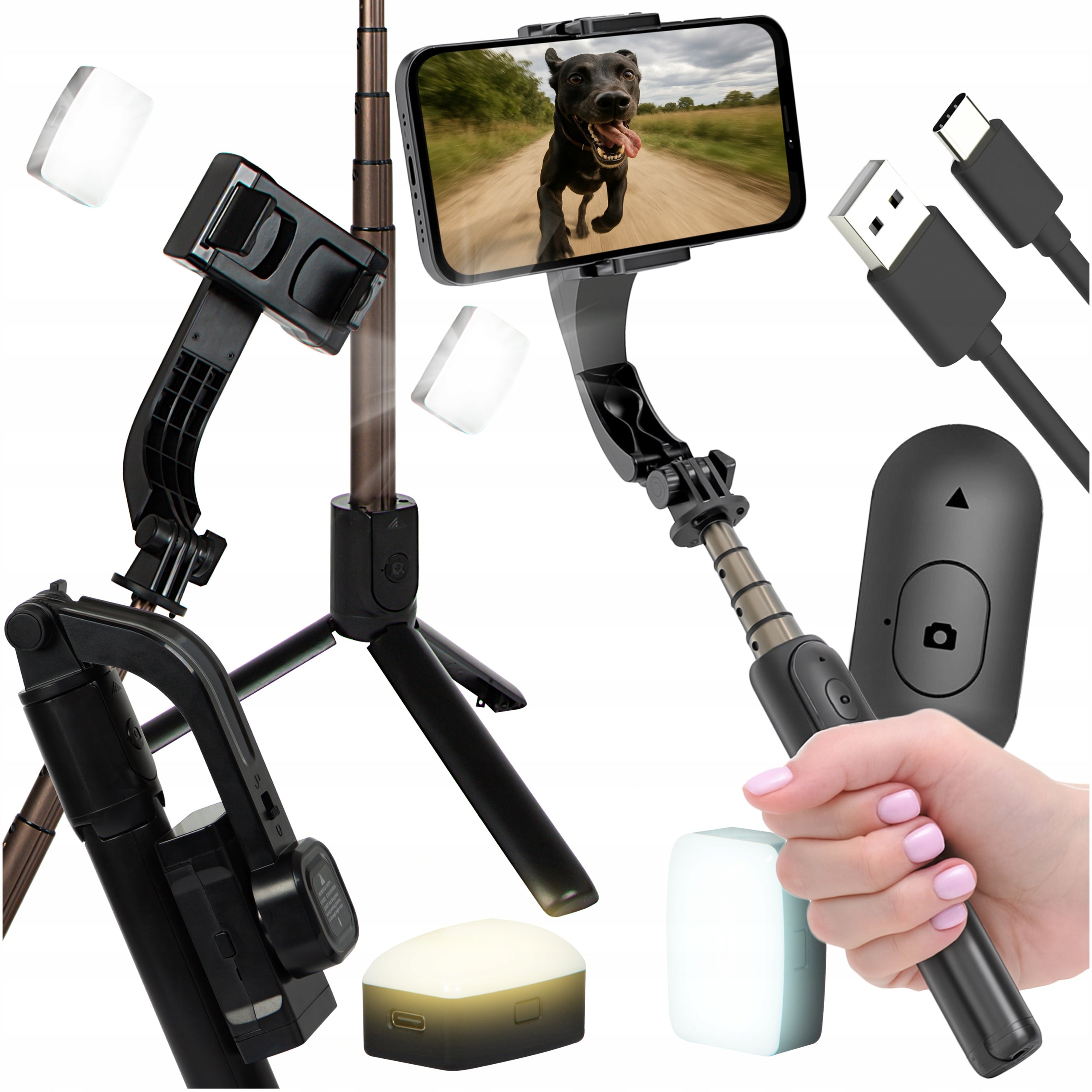 HANDHELD IMAGE STABILIZER GIMBAL SELFIESTICK TRIPOD 2x MAGNETIC LIGHTS