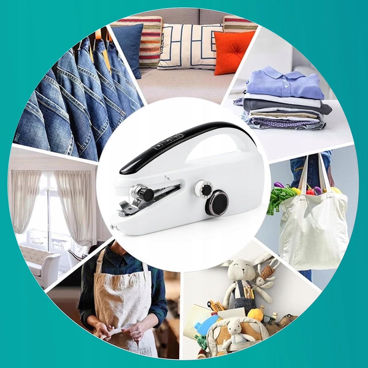 HANDHELD PORTABLE SEWING MACHINE MINI KIT ADDITIONAL SET OF ACCESSORIES Dominant color white