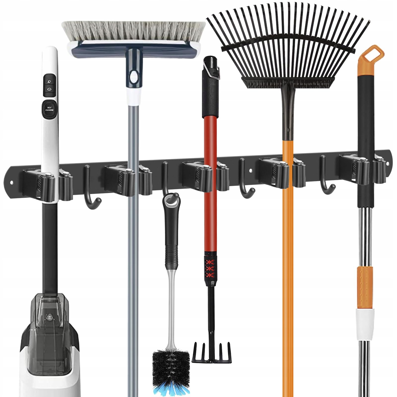 HANGER HOLDER 5 HANDLES 4 BROOM HOOKS TOOLS RAKE MOP