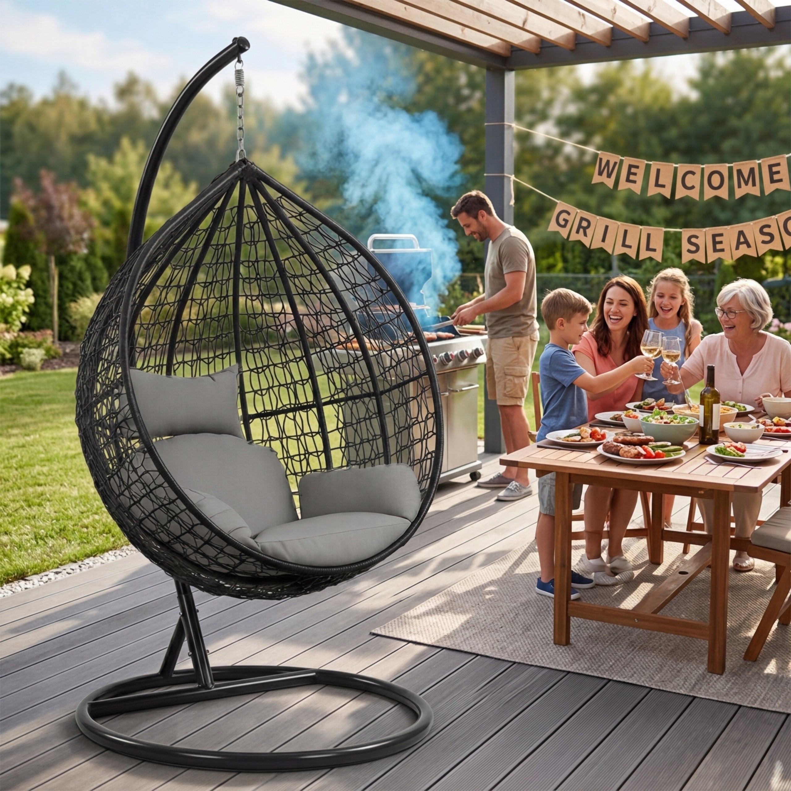 HANGING CHAIR ROCKING GARDEN SWING BASKET EGG COCOON PREMIUM + PILLOWS Color black