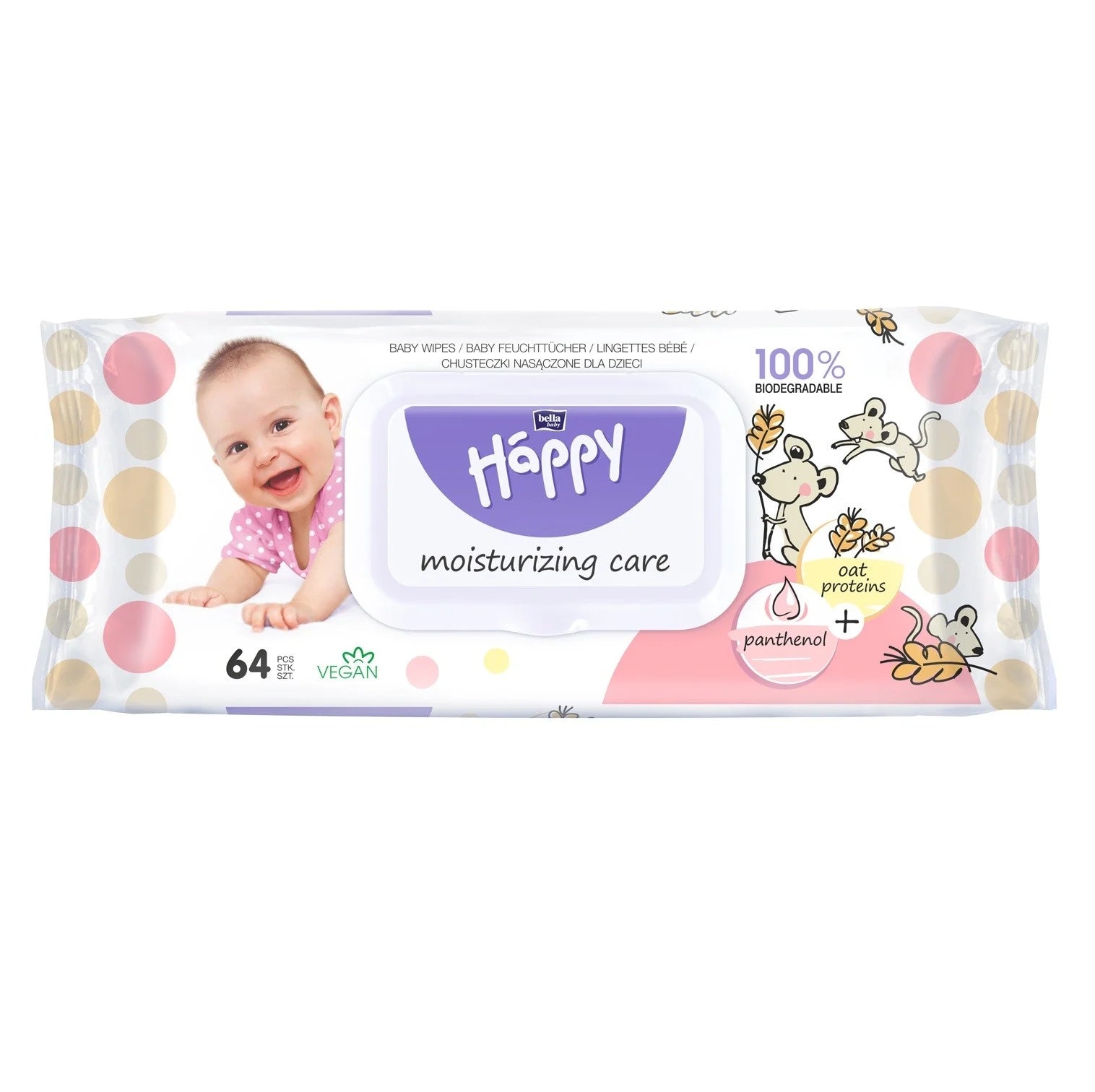 HAPPY MOIST WIPES WITH OAT PROTEIN AND PANTHENOL 64 PCS.