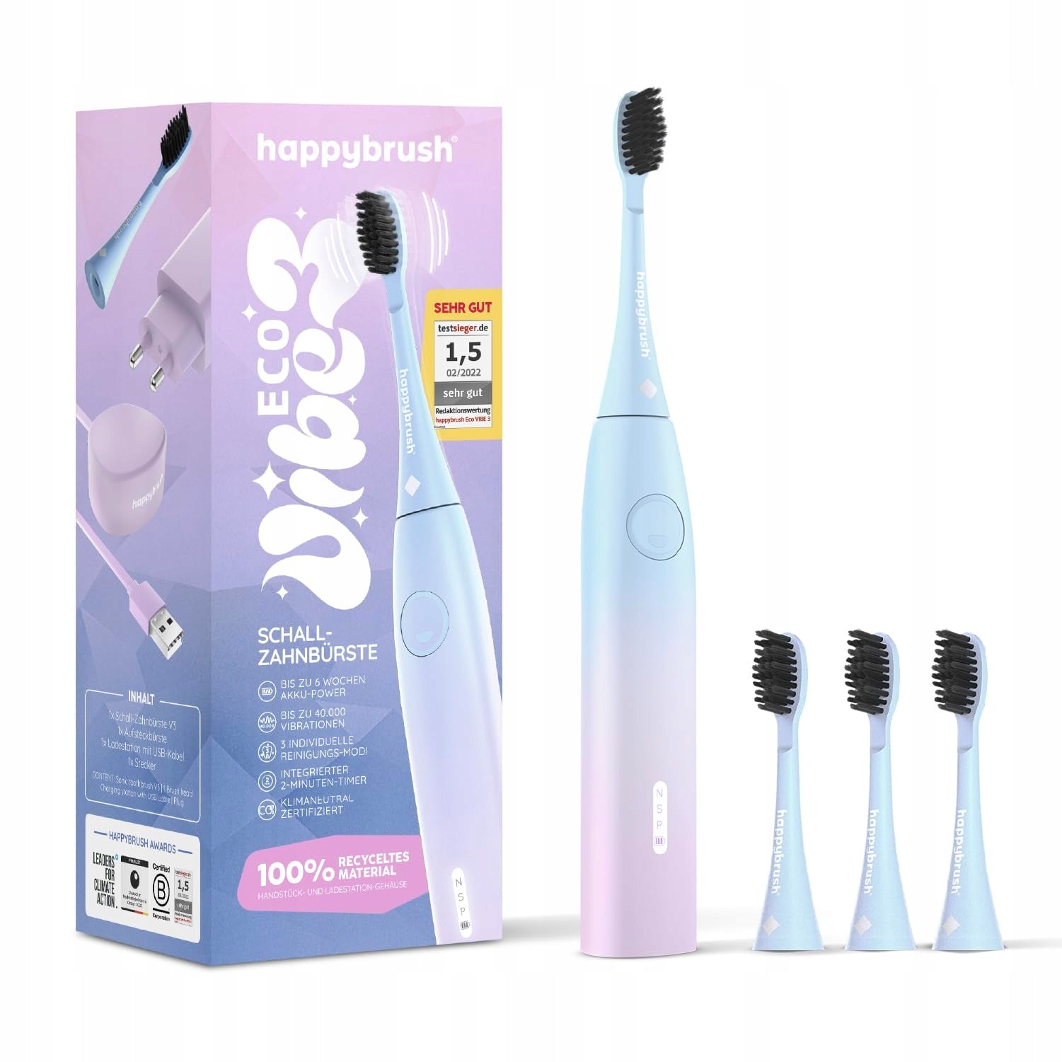 HAPPYBRUSH ECO VIBE Sunrise Sonic Toothbrush Starter Kit 3 Tips