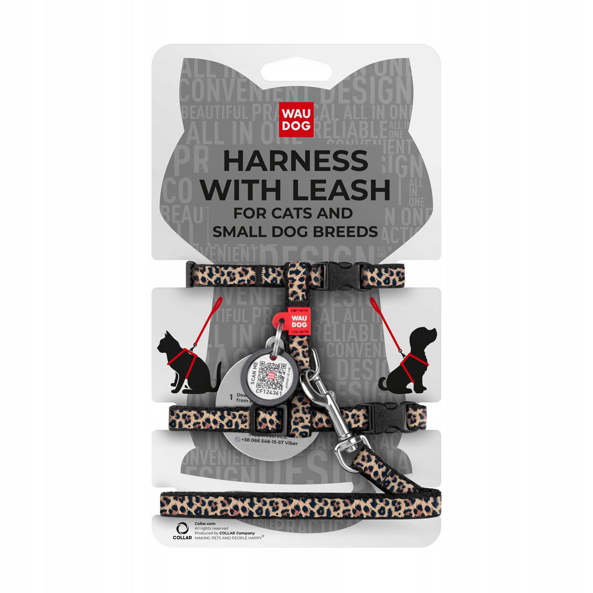 HARNESS WITH LEASH XS FOR DOG CAT WITH QR-PASSPORT WAUDOG LEOPARD