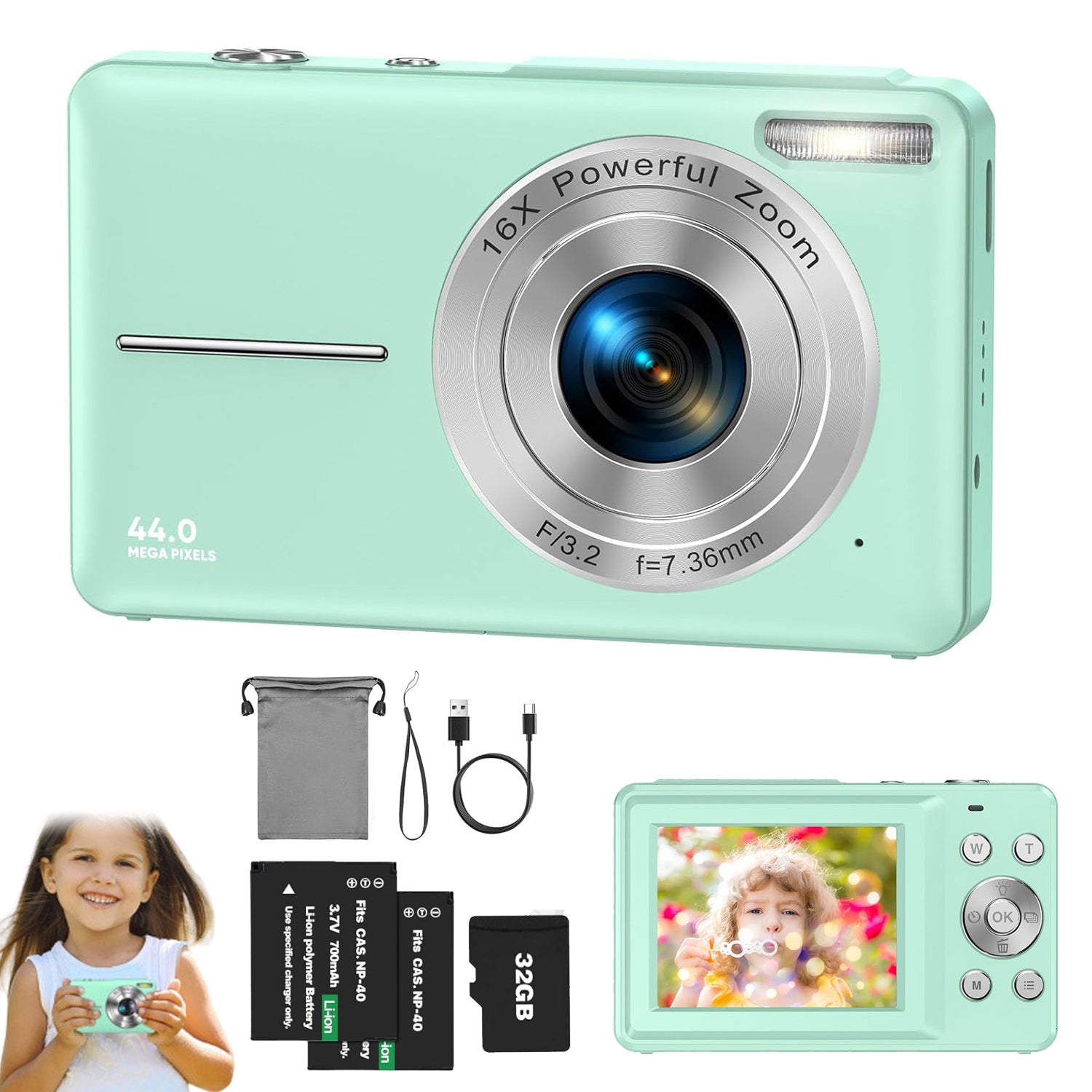HD 1080P 44MP 16X ZOOM GREEN DIGITAL CAMERA WITH 32GB MEMORY CARD