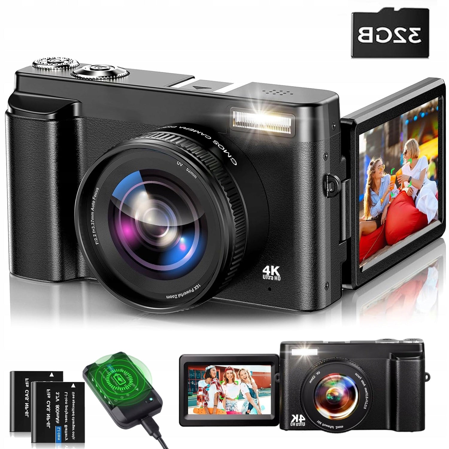 HD 4K DIGITAL CAMERAS 16 X EXQUISITE GIFT BLACK + 32GB MEMORY CARD