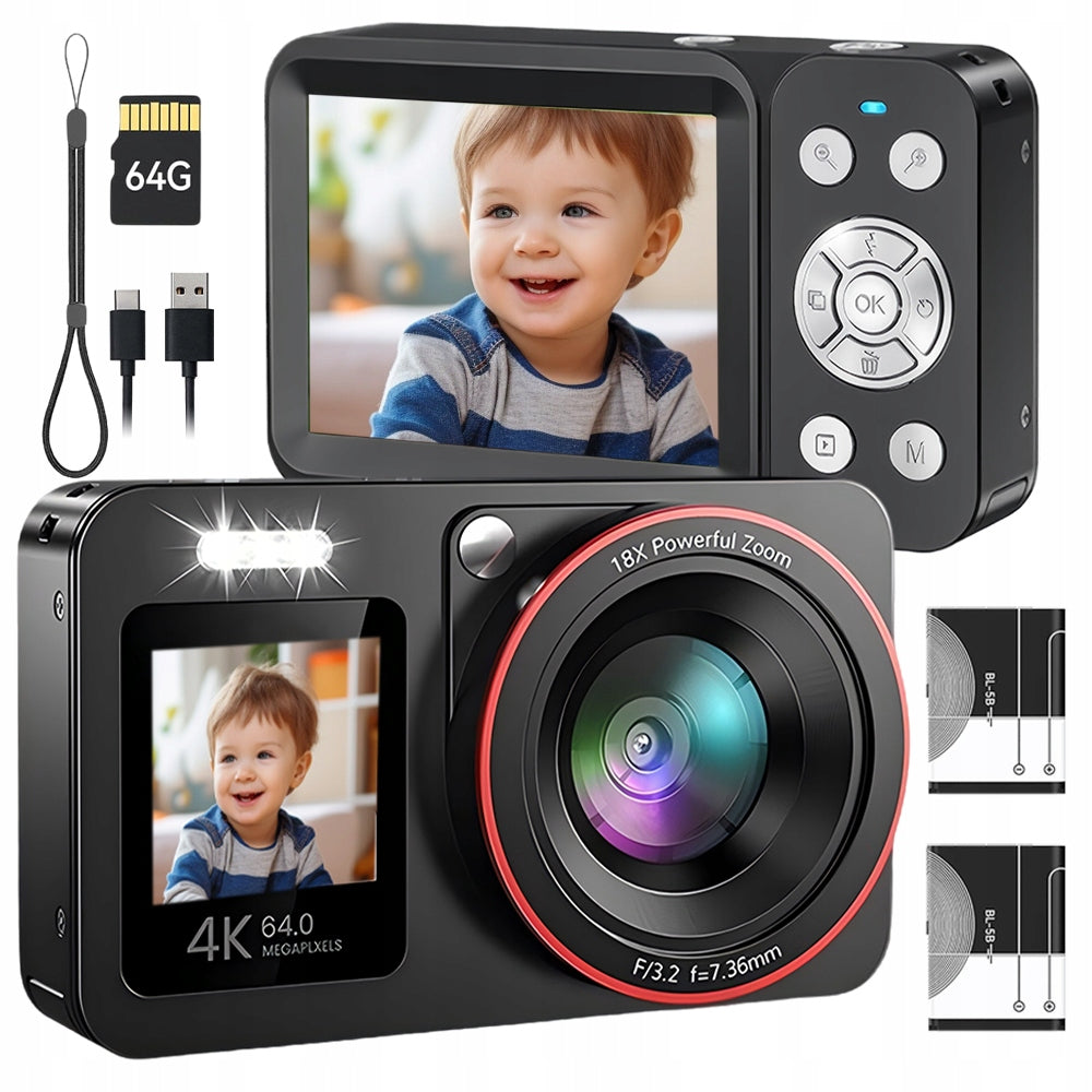 HD DIGITAL CAMERA AUTOFOCUS 4K 18X ZOOM 64MP + 64GB CARD +2 AKU 1200mAh
