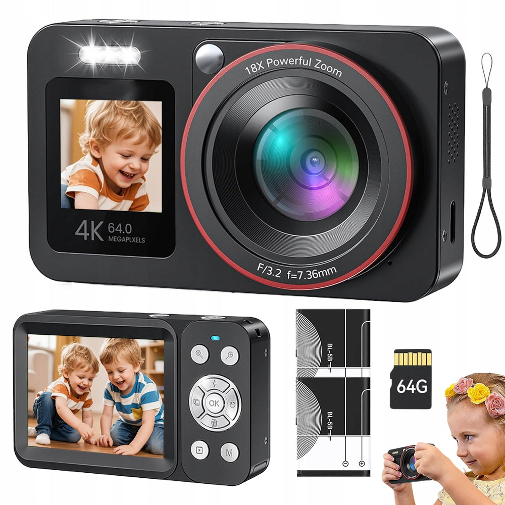 HD DIGITAL CAMERA PORTABLE 4K 64MP CAMERA STABILIZATION WITH 18X 64GB ZOOM