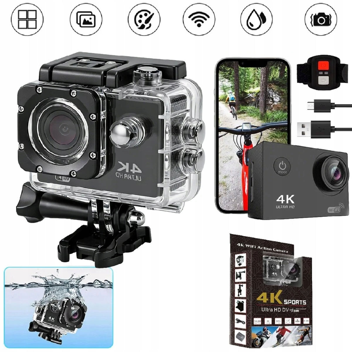 HD Sports Camera 4K WIFI ActionCamera HANDLES WATERPROOF 30M