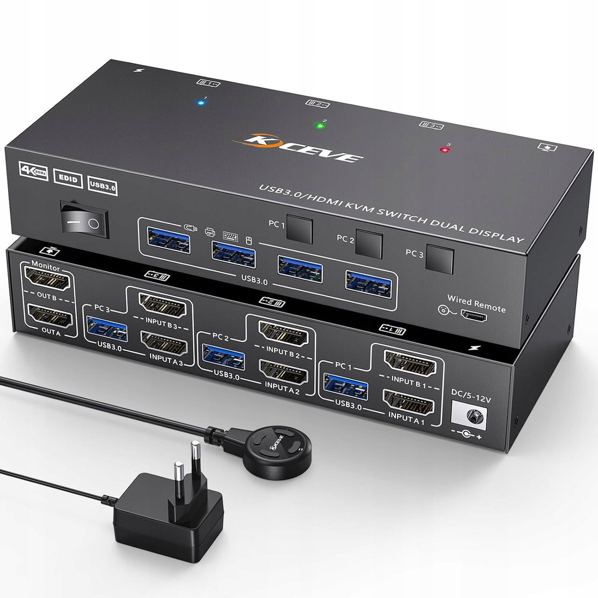 HDMI 3 PC 2 Monitors 4K 60Hz 144Hz EDID 4x USB 3.0 KVM302AS