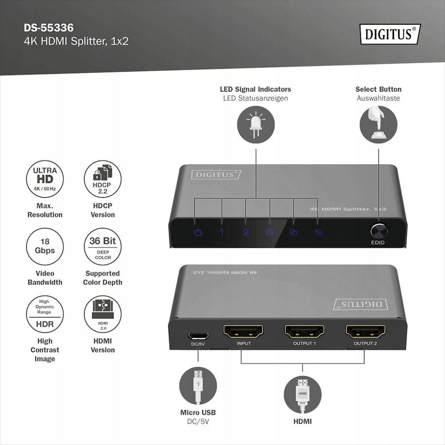HDMI splitter x2 4K Digitus DS-55336 Packaging status original