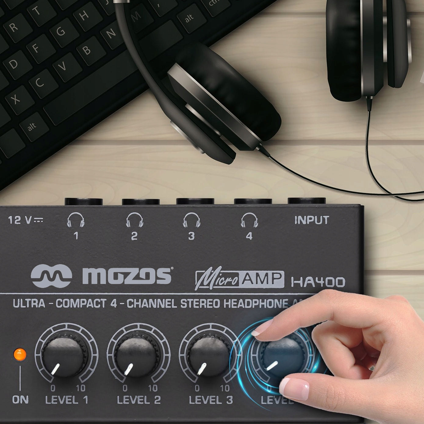 HEADPHONE AMPLIFIER 4-CHANNEL STEREO COMPACT POWERFUL Mozos HA400 Manufacturer code HA400
