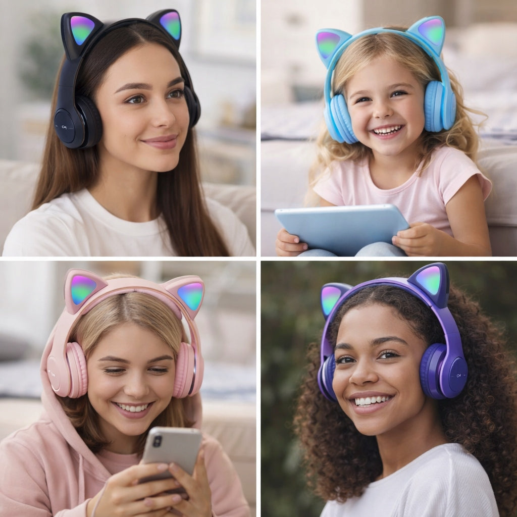HEADPHONES FOR GIRLS WIRELESS ON-EAR CHILD GLOWING FOR GIFT Brand Cat Ear