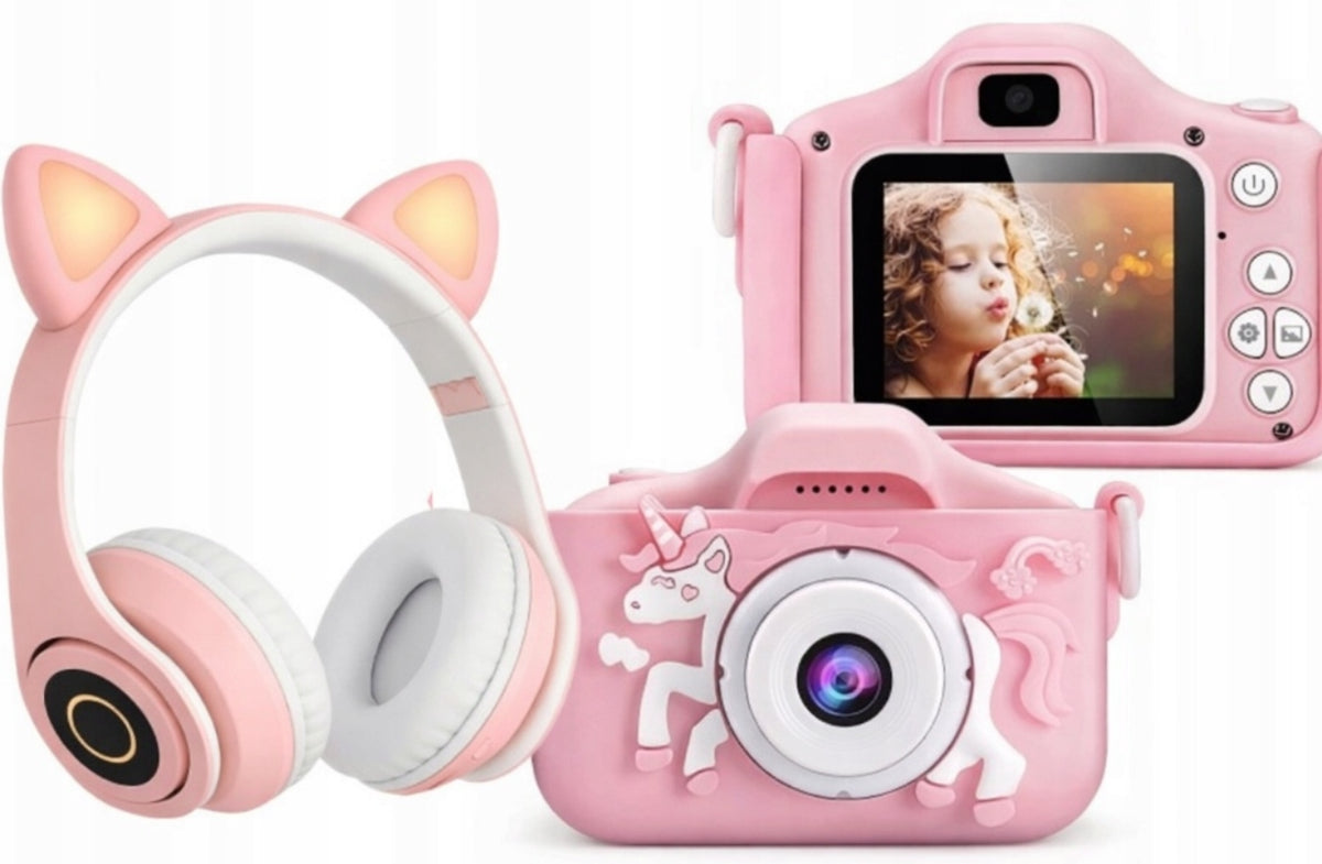 HEADPHONES WITH CAT EARS + CHILDREN'S CAMERA 40Mpx WITH GAMES! PINK