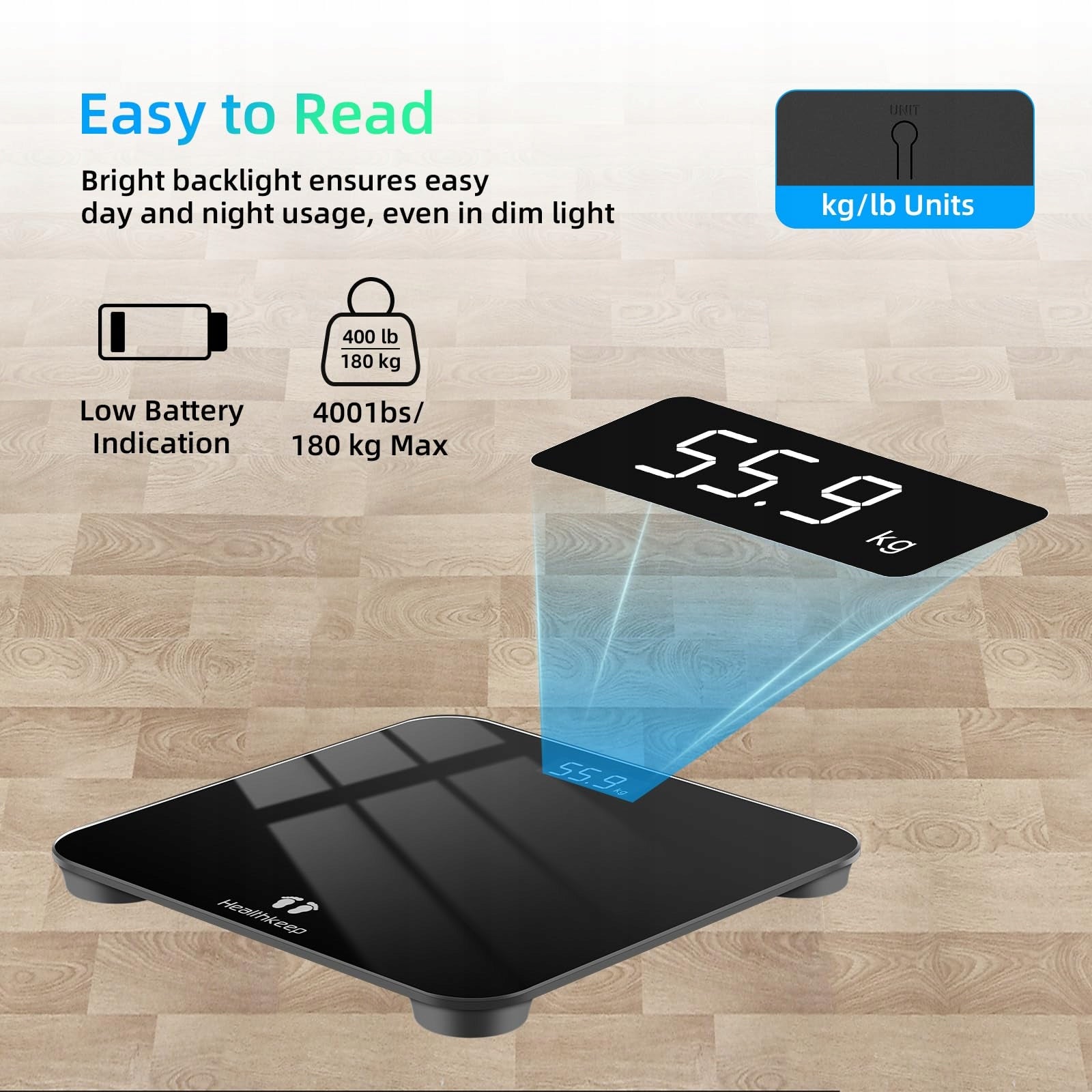 HEALTHKEEP Personal Scale Digital StepOn Technology Glass Black Model T107BLACK