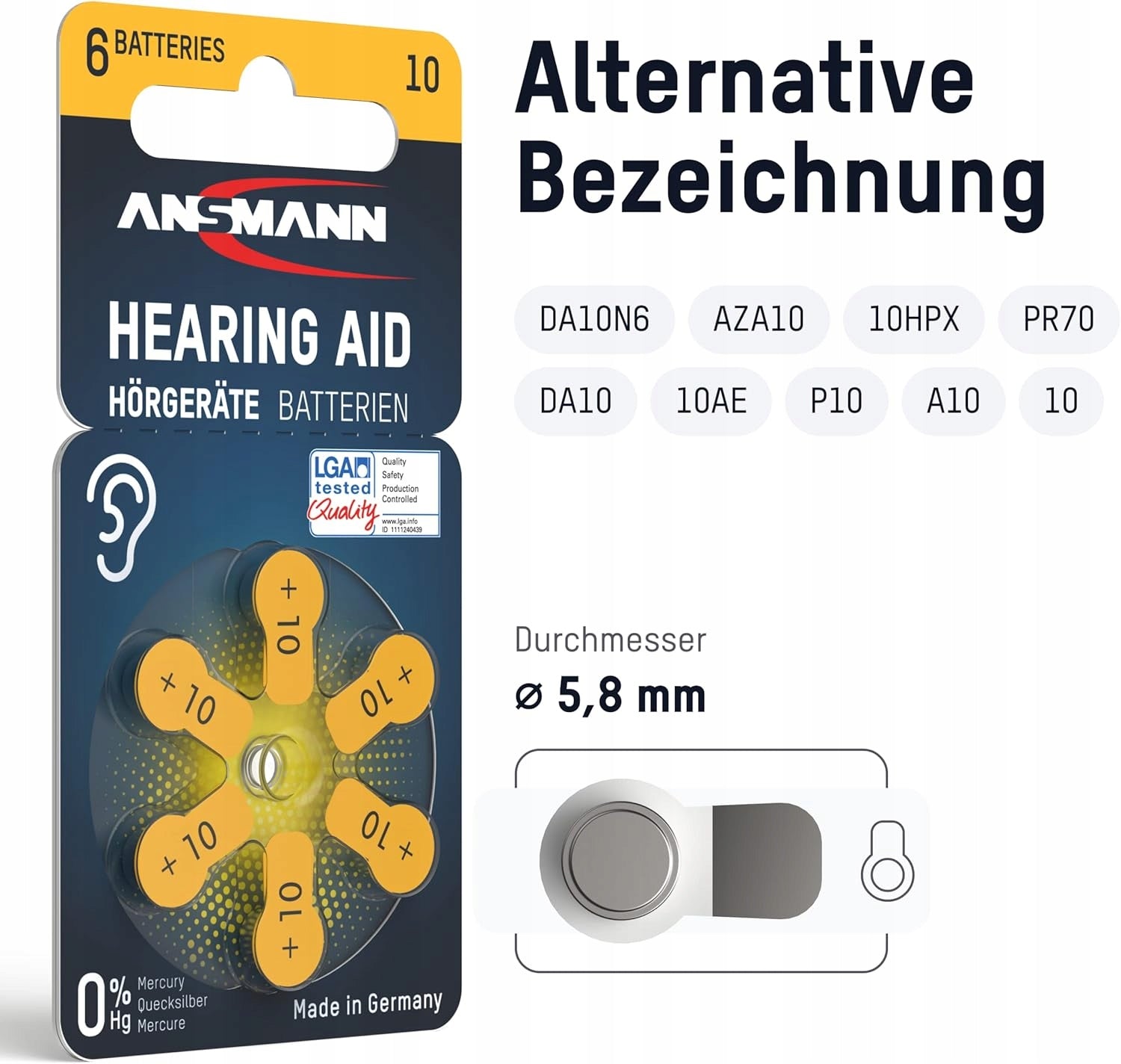 HEARING AID BATTERIES TYPE 10 YELLOW 120 PCS ZINC-AIR Medical device no