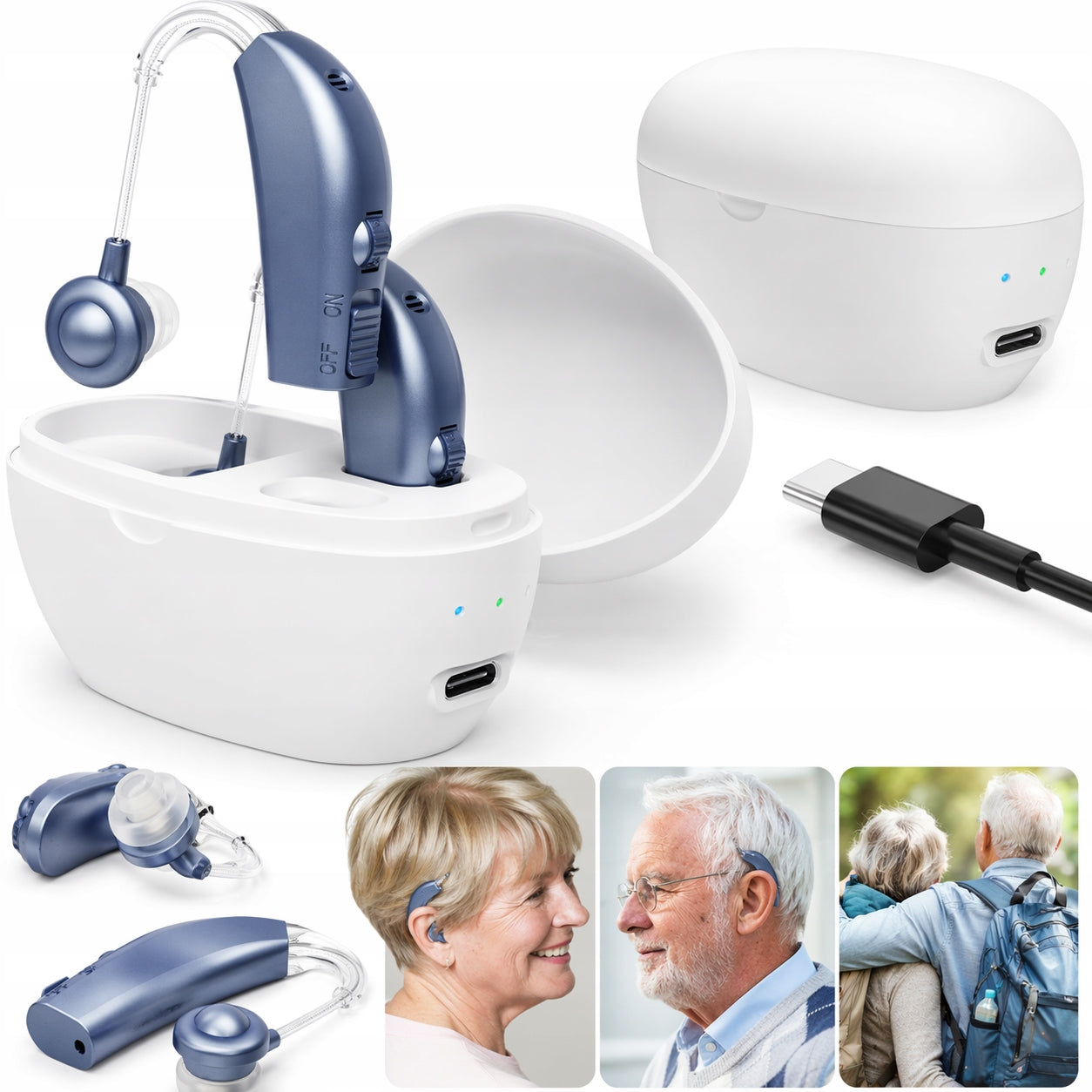 HEARING AMPLIFIER HEARING AID BEHIND-THE-EAR RIGHT LEFT EAR WITH DOCKING STATION