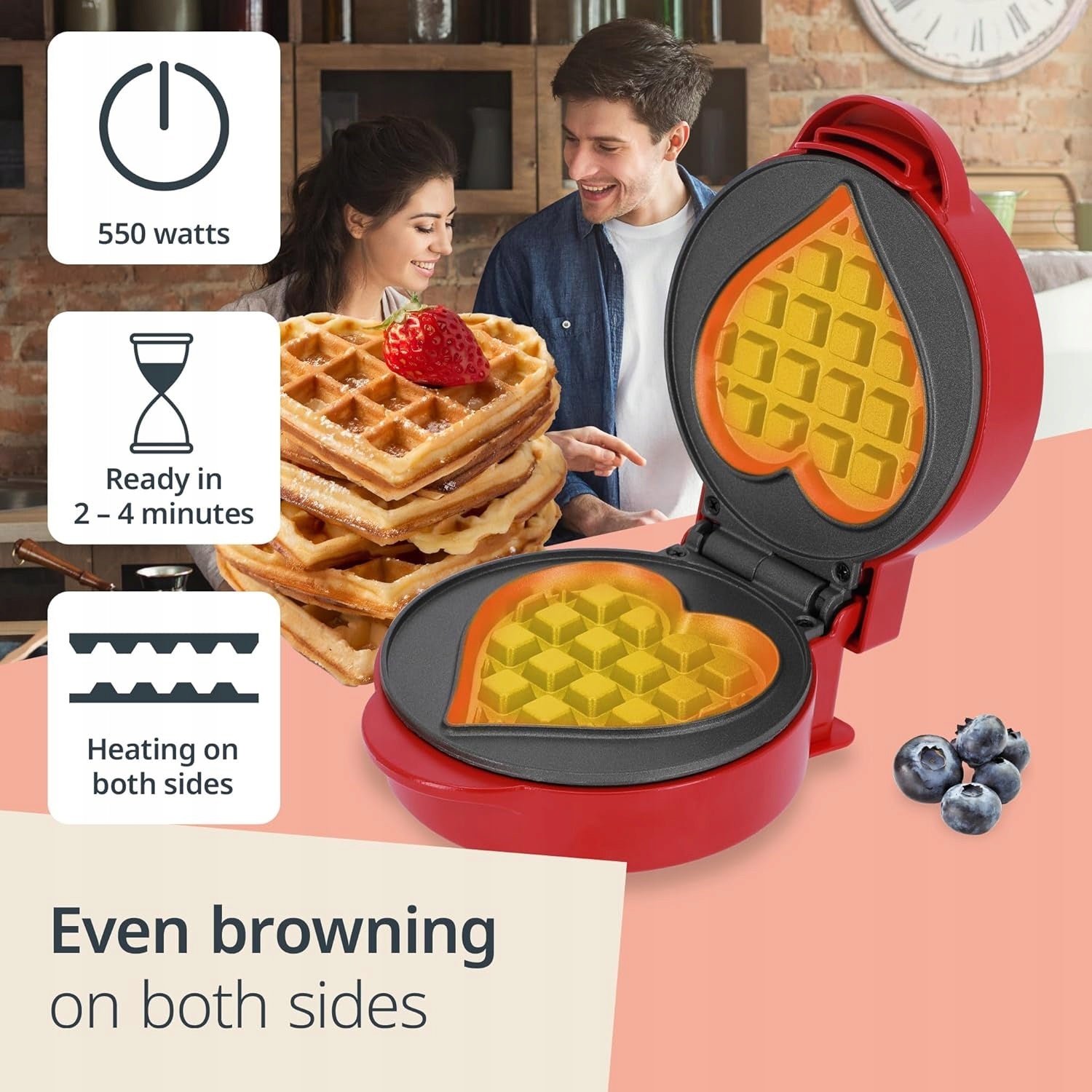 HEART SHAPED WAFFLE IRON 550W NONSTICK MINI FOR 1 PERSON RED Brand ADE
