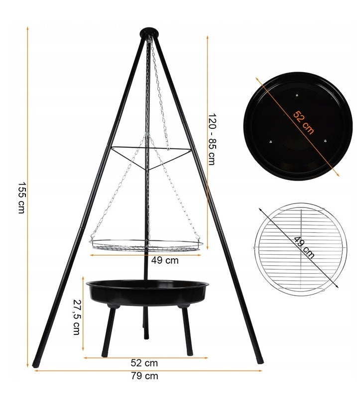 HEARTH GRILL GARDEN TRIPOD HANGING LARGE 50CM FIREPLACE Product height 150 cm