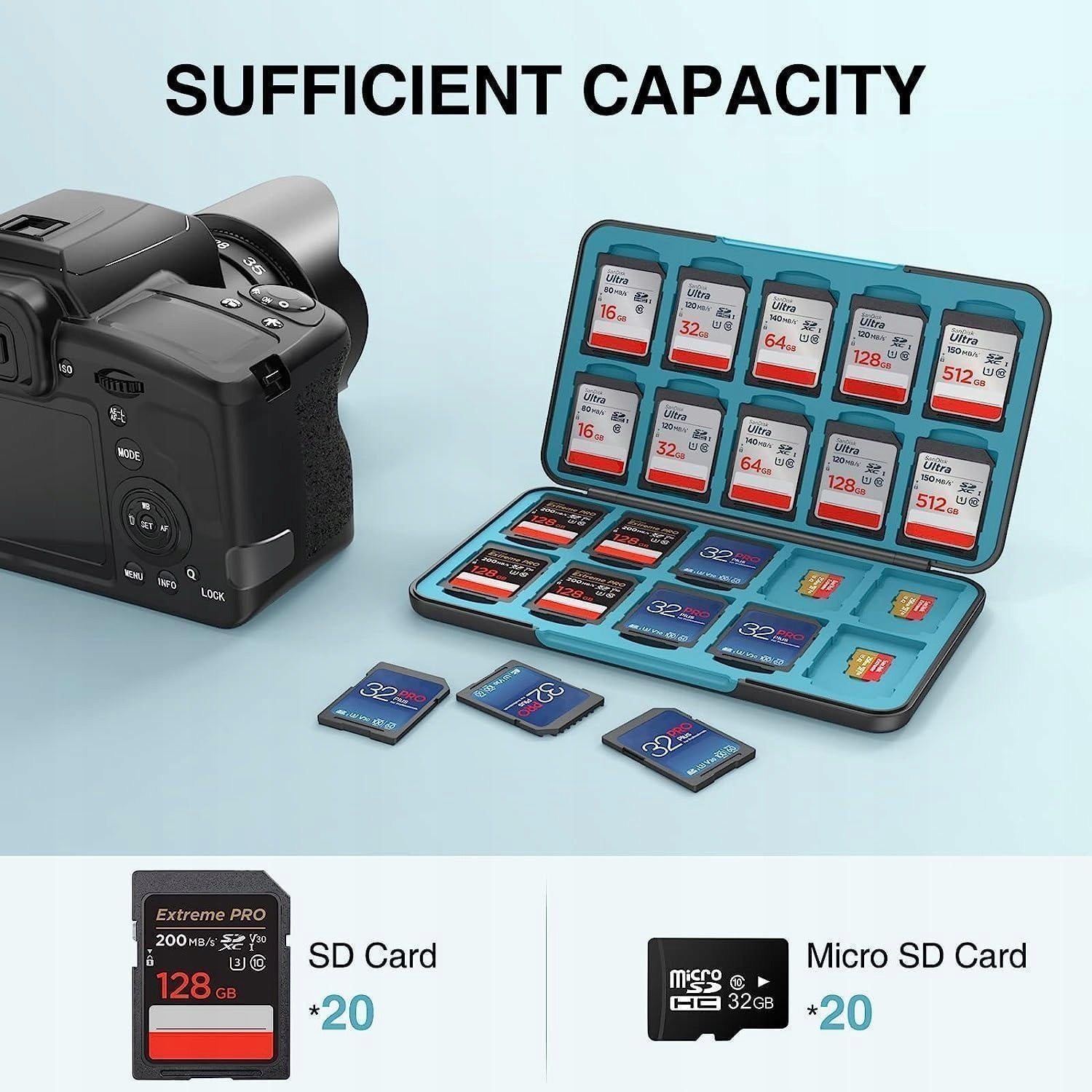 HEIYING Memory Card Case for 20 SD/TF Cards, Portable, Sturdy, Black Model HY18-20