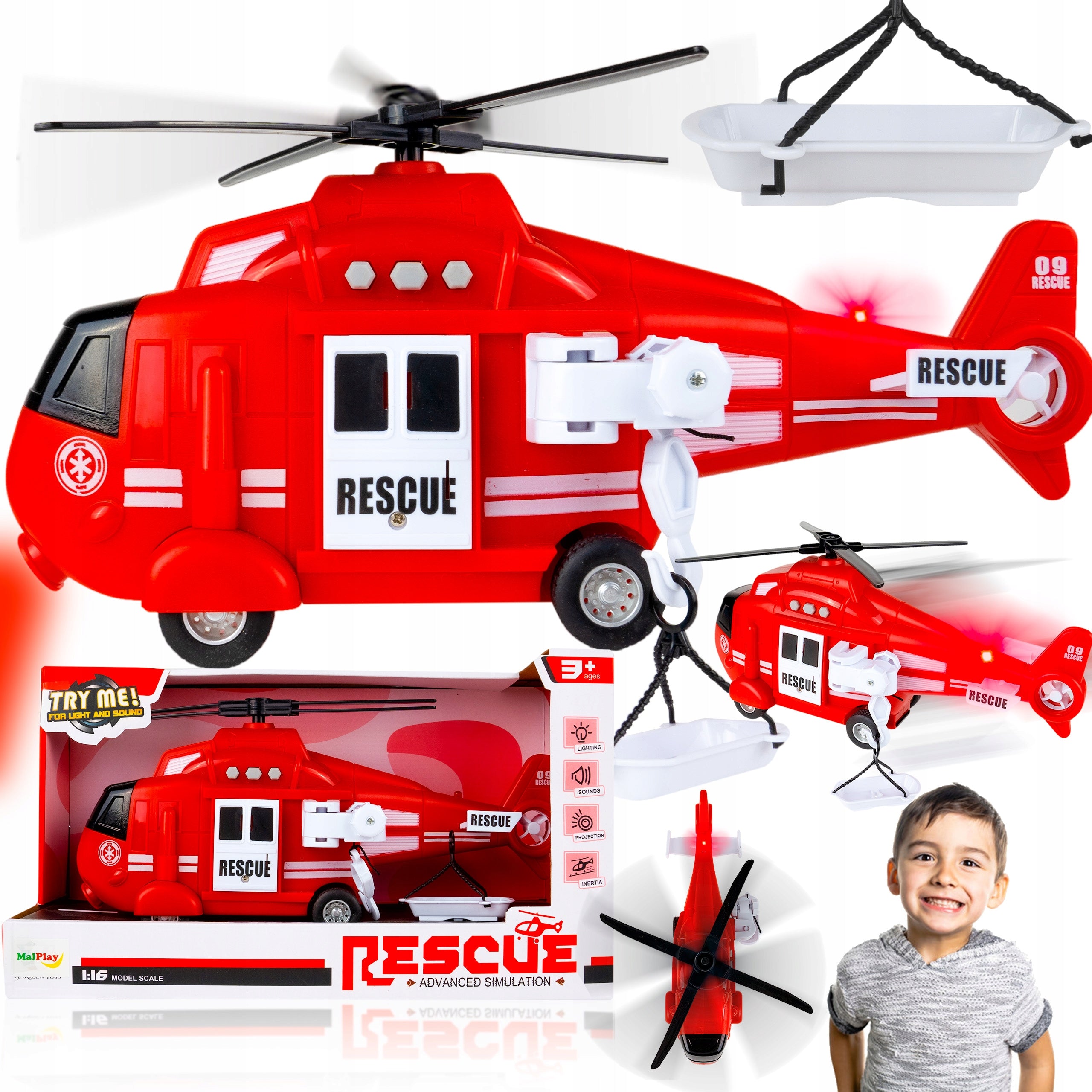 Spielzeughubschrauber Feuerwehr 1:16 mit Licht und Sound MalPlay 