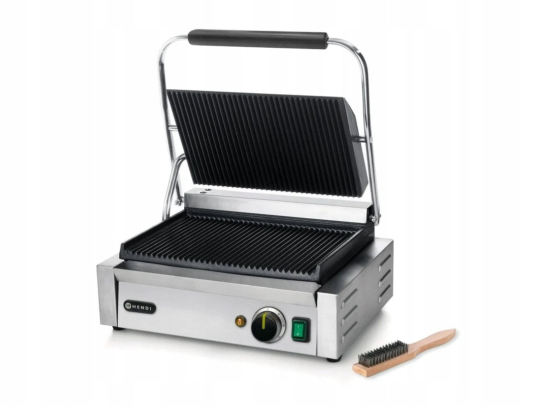 HENDI Single cast iron contact grill, grooved plate, 340 x 230 mm Brand Hendi