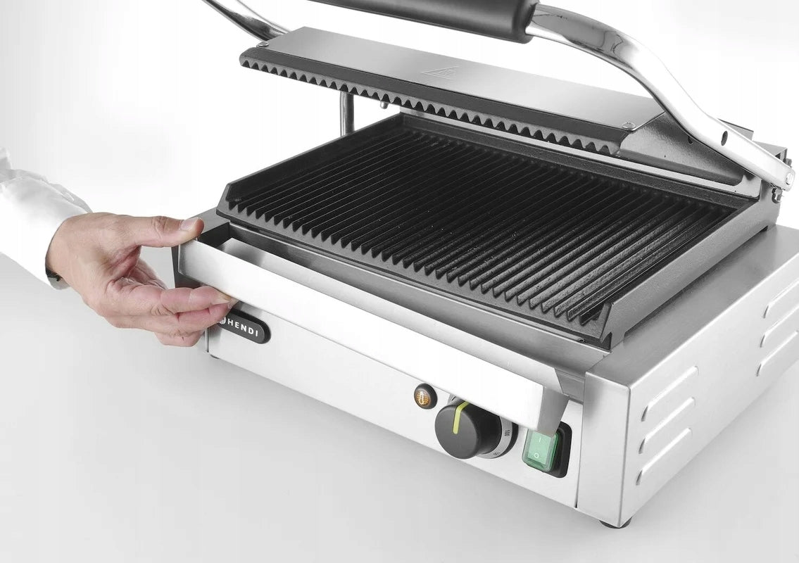 HENDI Single cast iron contact grill, grooved plate, 340 x 230 mm Dominant color silver/gray