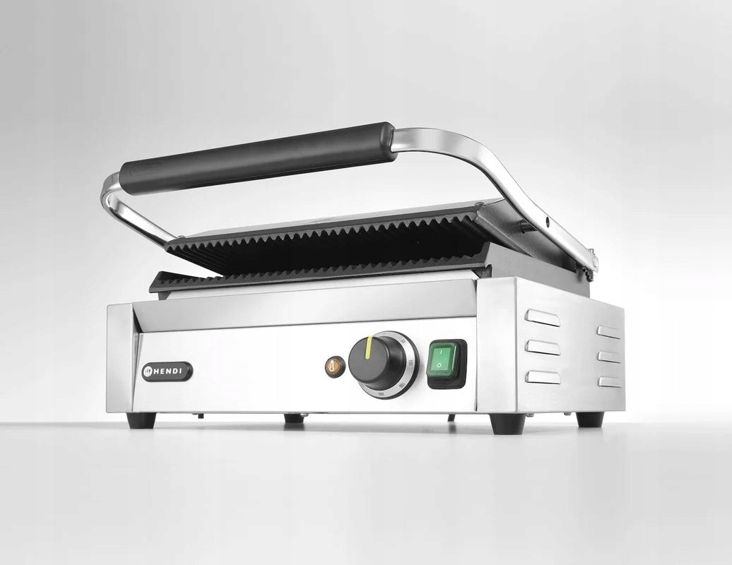 HENDI Single cast iron contact grill, grooved plate, 340 x 230 mm Housing material metal