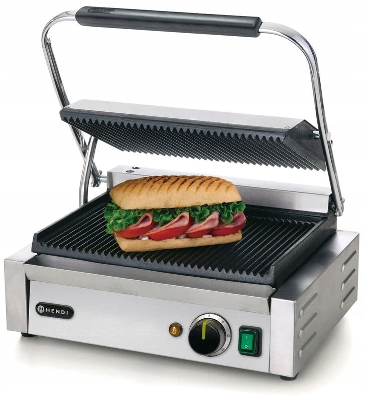 HENDI Single cast iron contact grill, grooved plate, 340 x 230 mm Power rating 2200 W