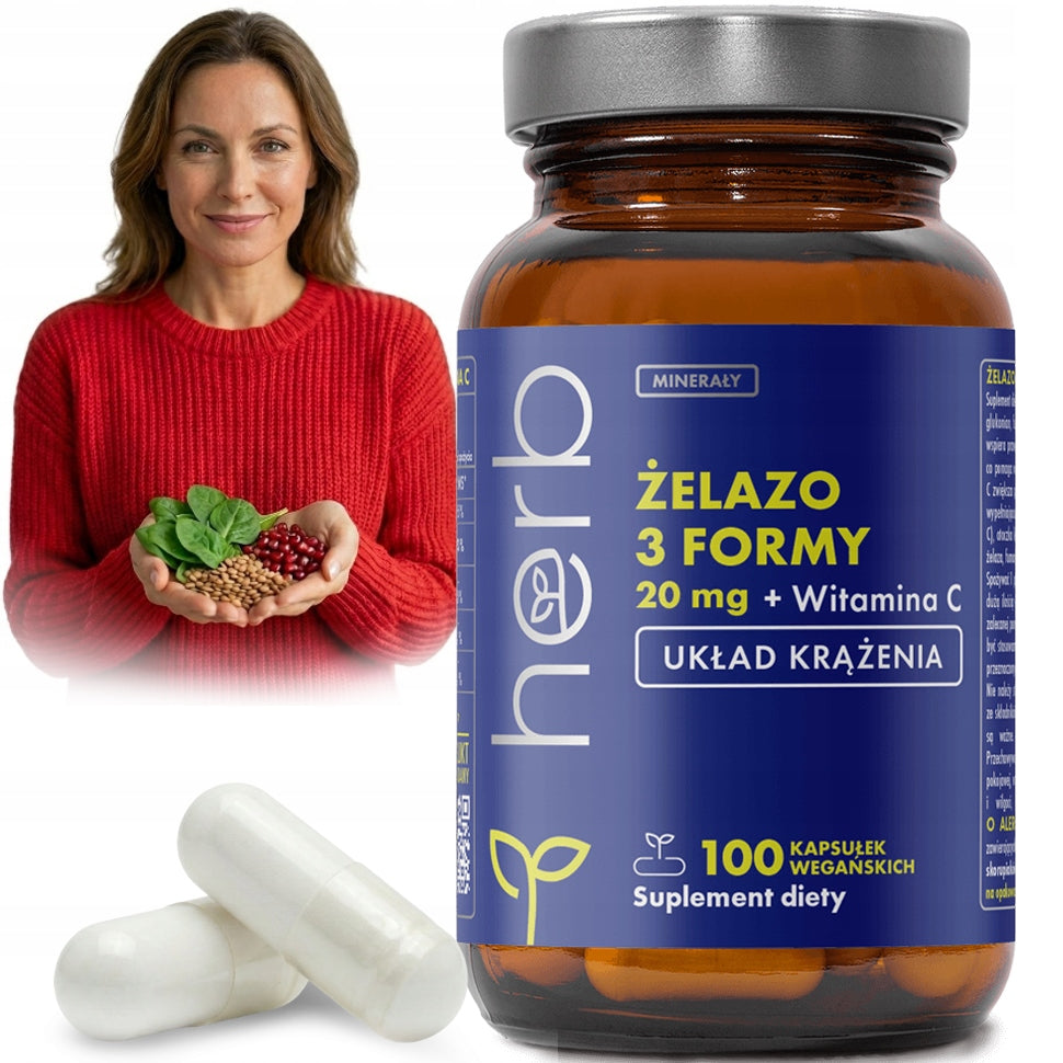 HERB IRON 3 FORMS 20mg with VITAMIN C 100 vege kaps ANEMIA IMMUNITY