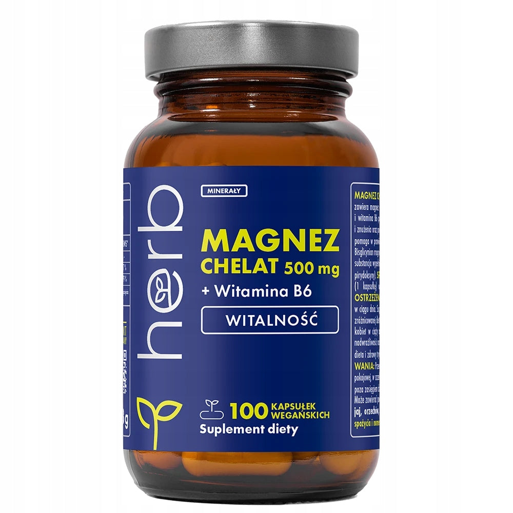 HERB MAGNESIUM CHELATE 500mg GLYCINATE + B6 100 vcaps CRAMPS, MUSCLES