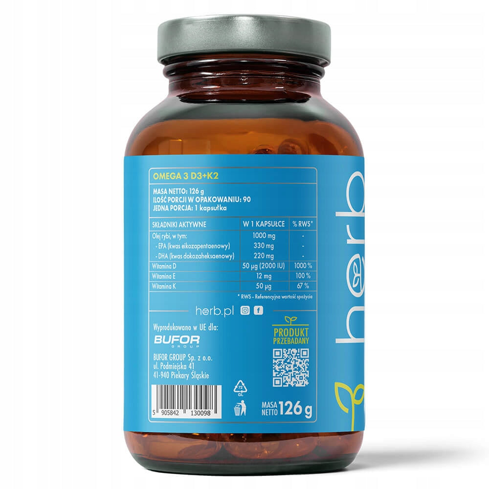 HERB Omega-3 D3+K2 90caps OMEGA 3 1000mg EPA DHA D3 2000IU K2MK-7 Medical device no