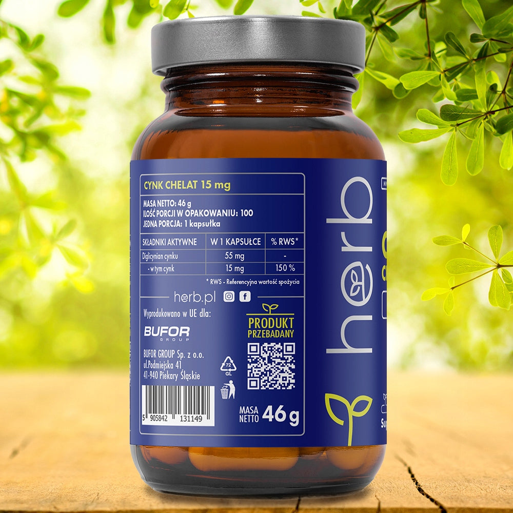 HERB ZINC CHELATE 15mg CHELATED 100 vcaps RESISTANCE, SKIN, HAIR Manufacturer code 5905842131149
