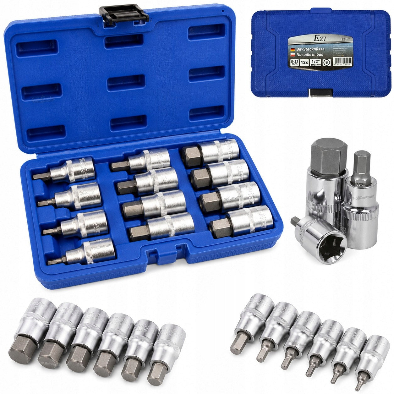 HEX 12el. Allen wrench set with 1/2" drive 5-22mm Cr-V sockets