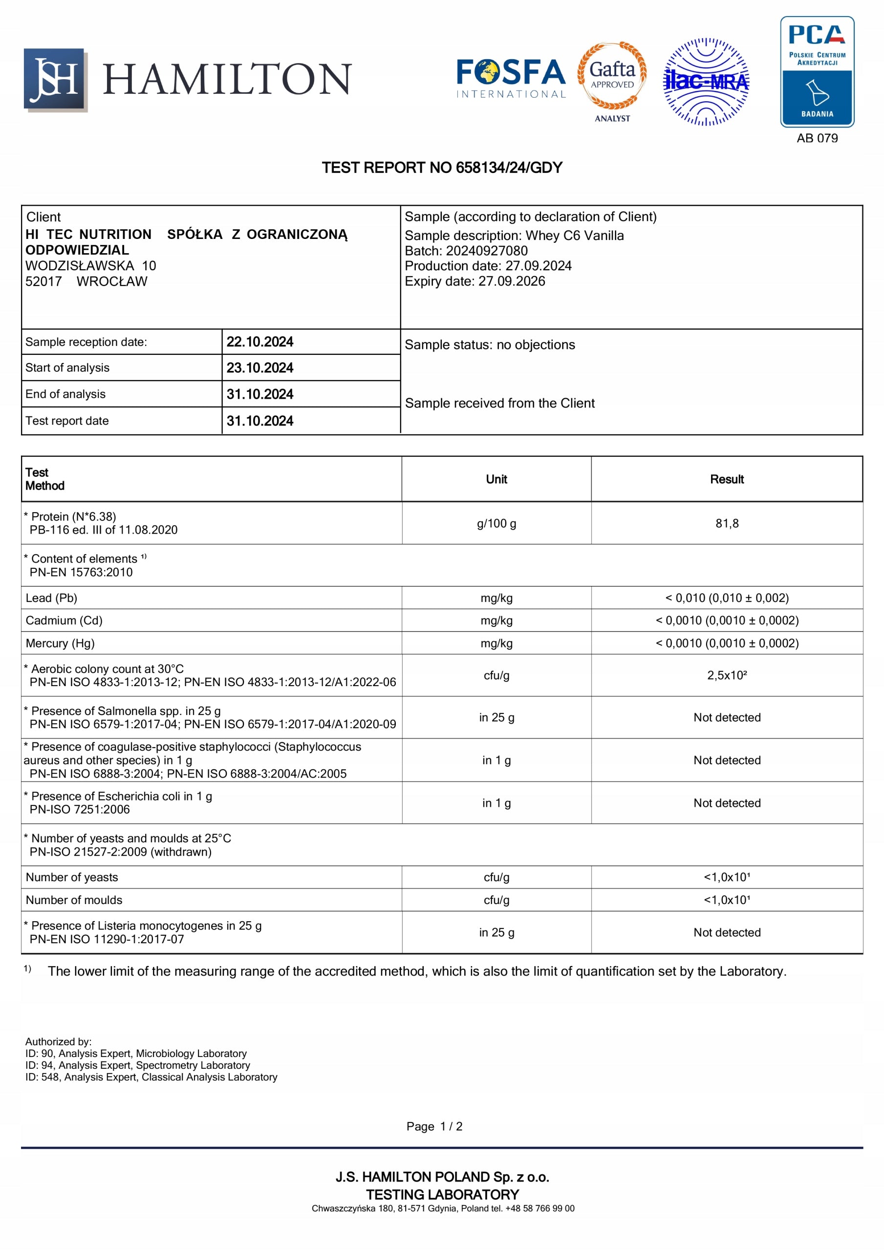 HI TEC Whey C-6 - 2250g PROTEIN WPI WPH WPC Expiration date at least 1 year from the date of purchase