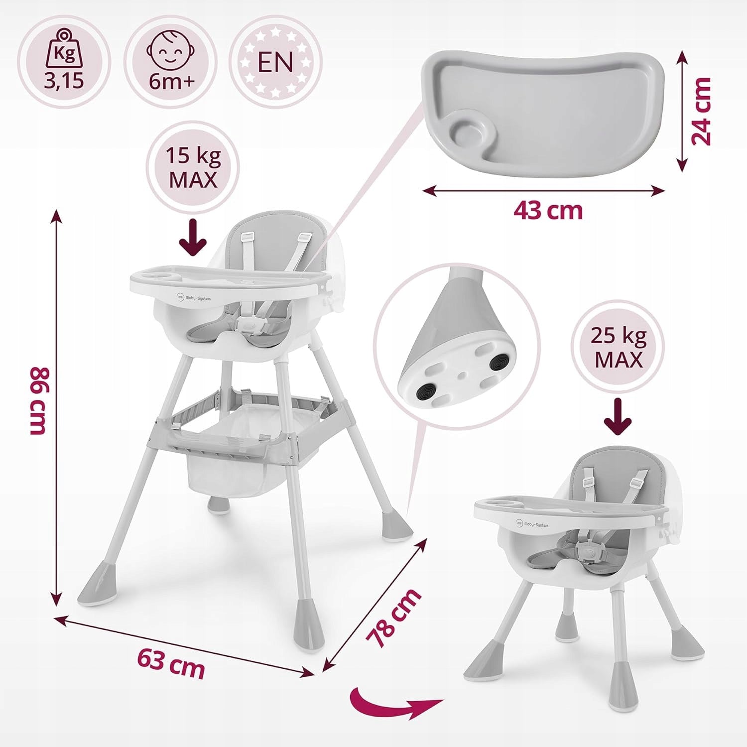 HIGHCHAIR ADJUSTABLE WITH LIFT TRAY 2in1 86cm GREY COMFORTABLE EAN (GTIN) 4051536003191