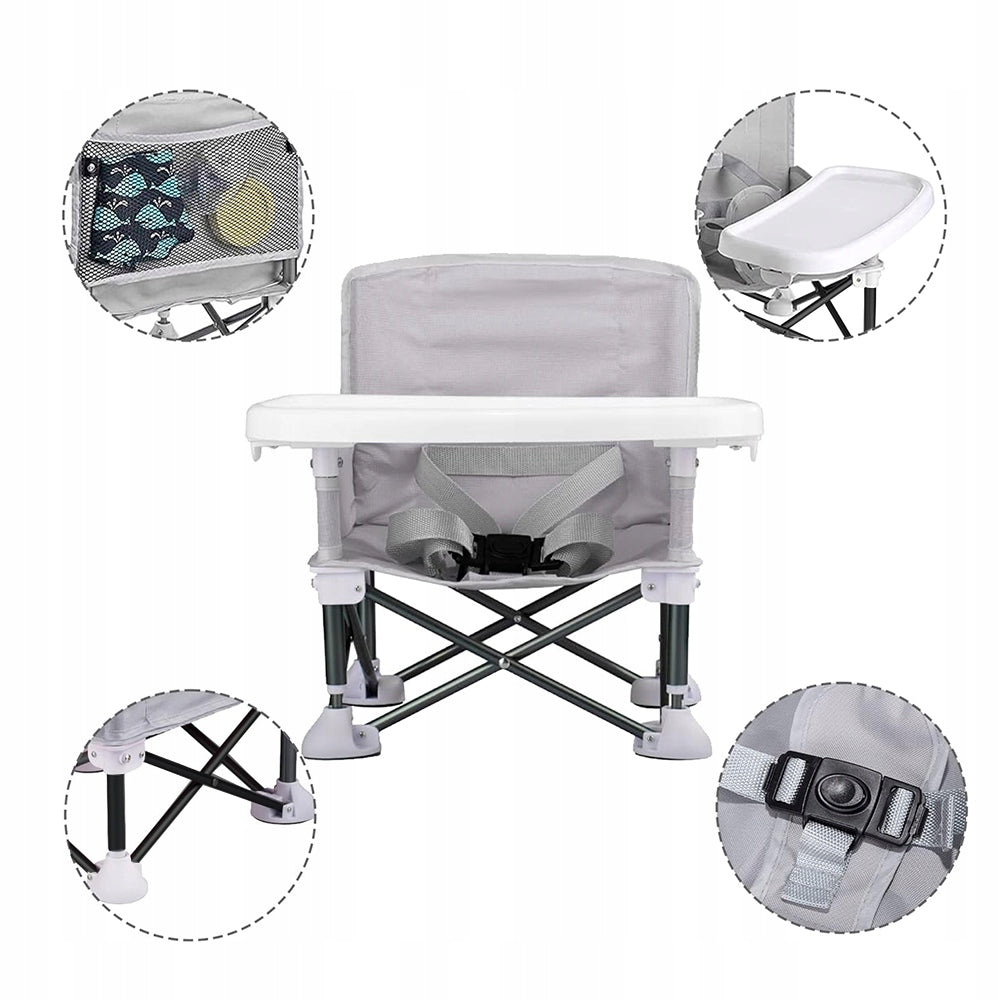 HIGHCHAIR TABLE FOR FEEDING AND PLAYING CHILDREN TRAVEL FOLDING WITH TRAY Color shades of gray and silver