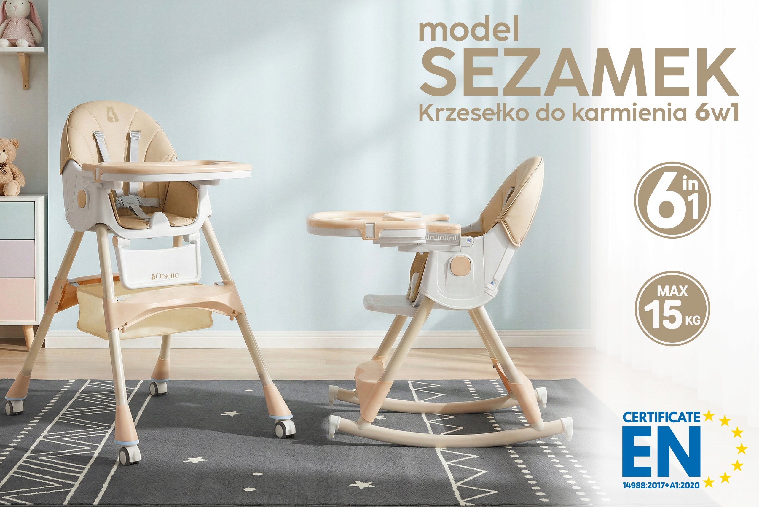 HIGHCHAIR WITH ROCKER FUNCTION FOR CHILDREN 6IN1 FOLDING BEIGE Color shades of brown and beige