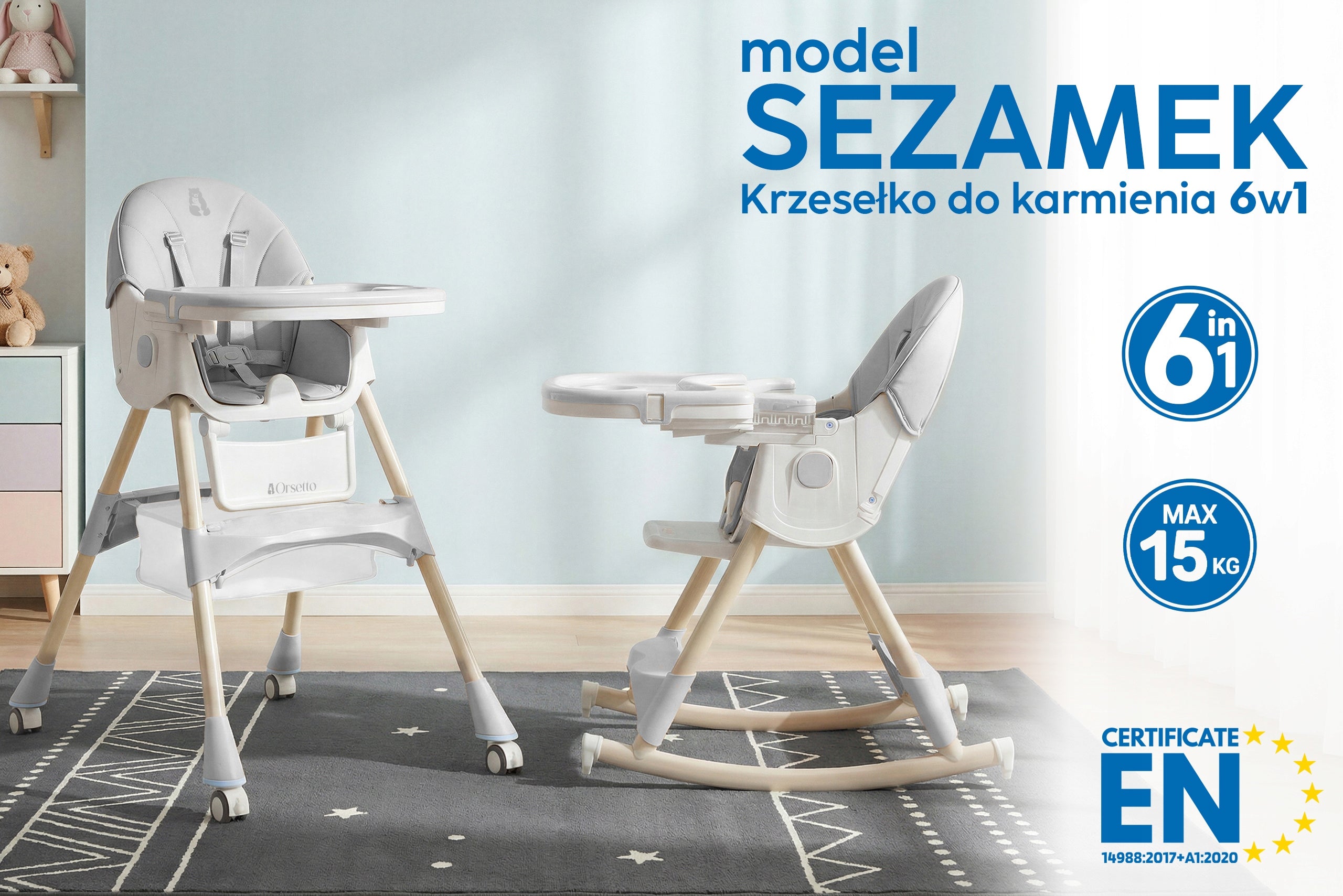 HIGHCHAIR WITH ROCKER FUNCTION FOR CHILDREN 6IN1 FOLDING GREY Color shades of gray and silver