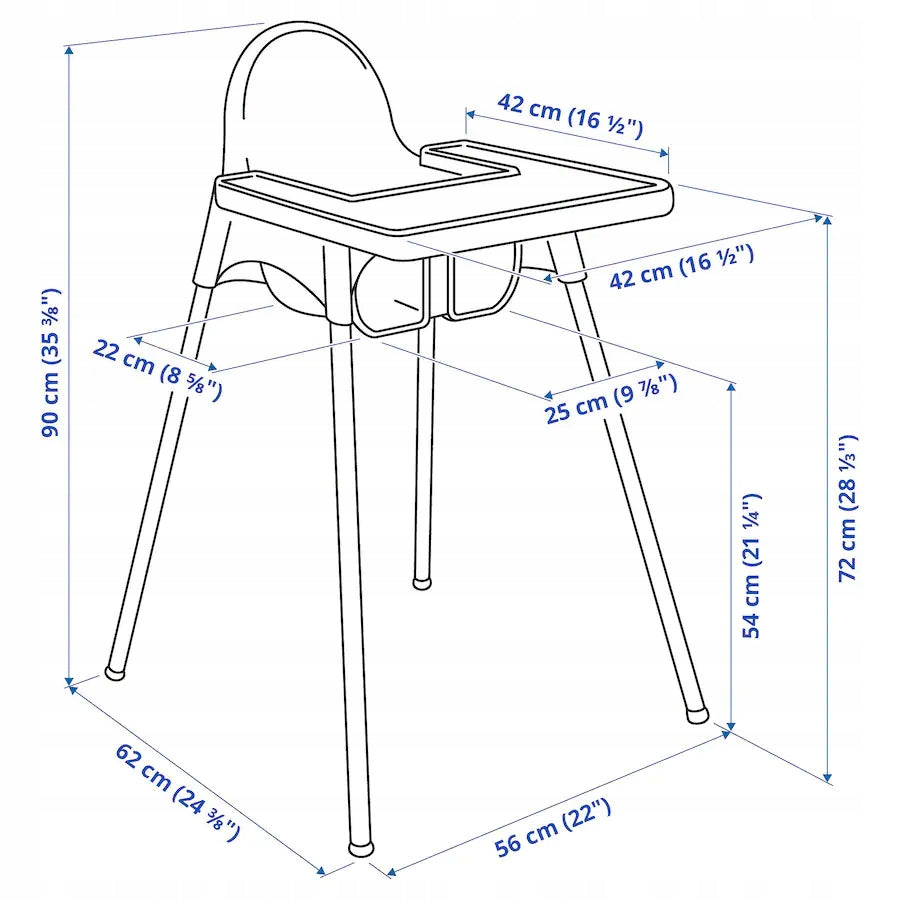 HIGHCHAIR WITH STRAPS + TRAY GREY-BLUE IKEA ANTILOP Color blue shades of gray and silver
