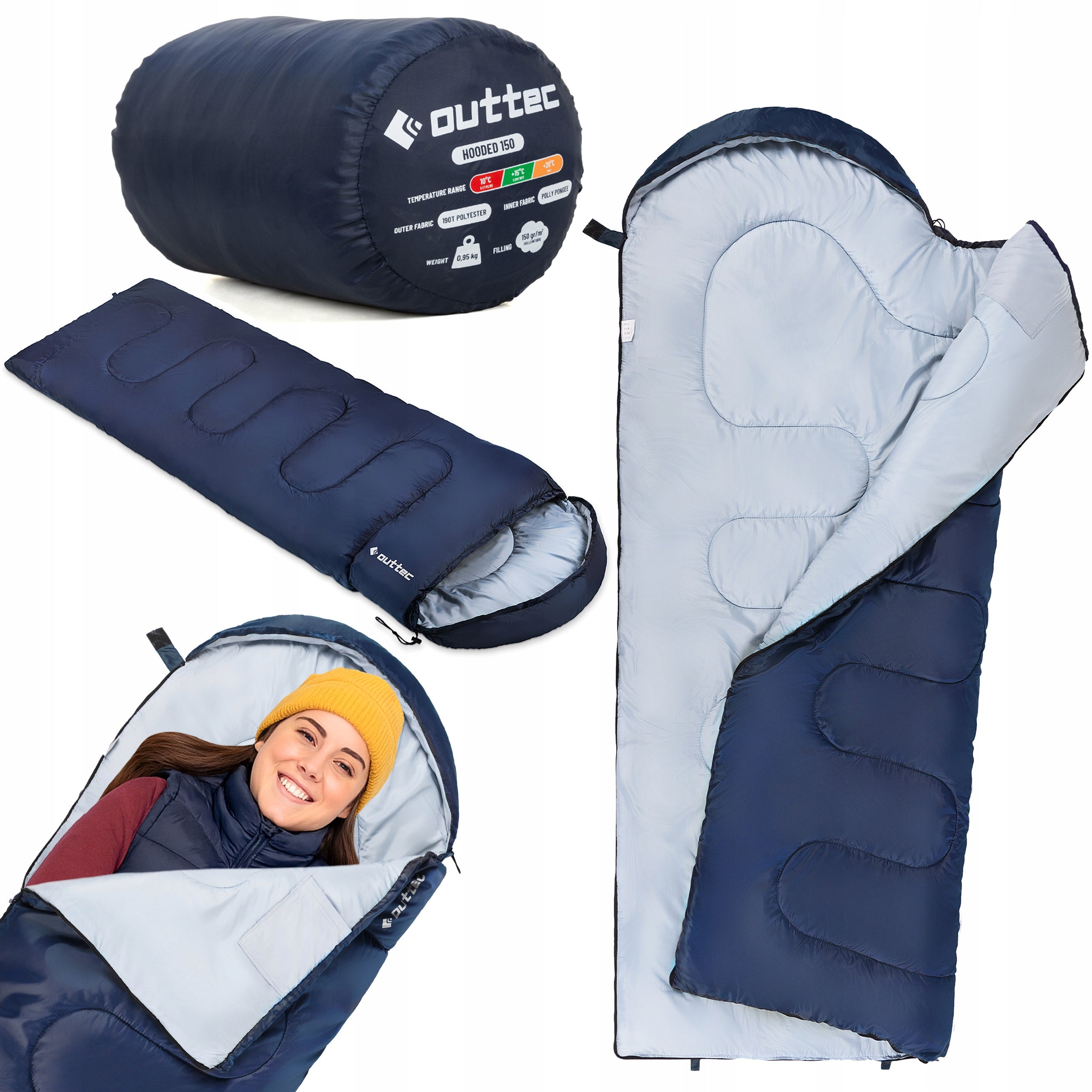 HIKING SLEEPING BAG DUVET WITH HOOD LIGHT THERMOLITE CAMPING 150 OUTTEC