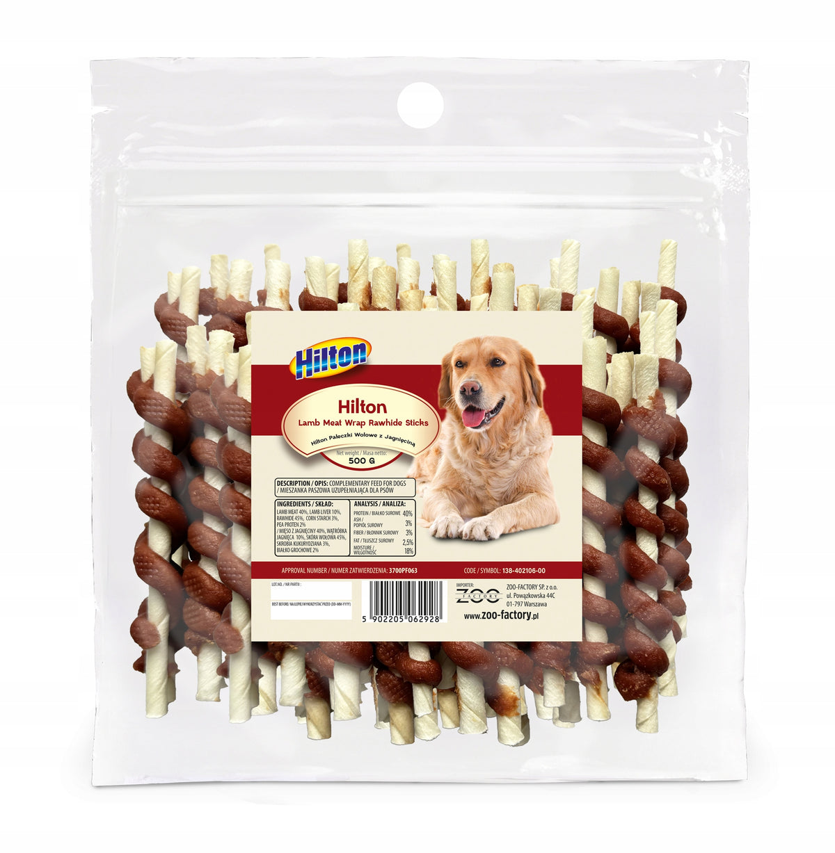 HILTON BEEF STICKS WITH LAMB DOG TREATS 500g