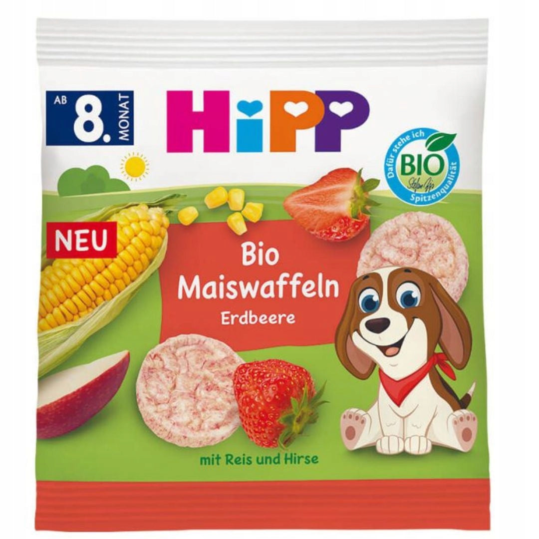 HIPP BIO CORN WAFERS MILLET STRAWBERRY CRISPS WITHOUT GLUTEN 8m Packaging status original