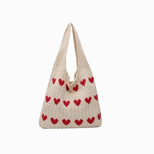 HOBO SHOULDER CROCHETED BAG HEART BEIGE FOR SCHOOL WORK HOME