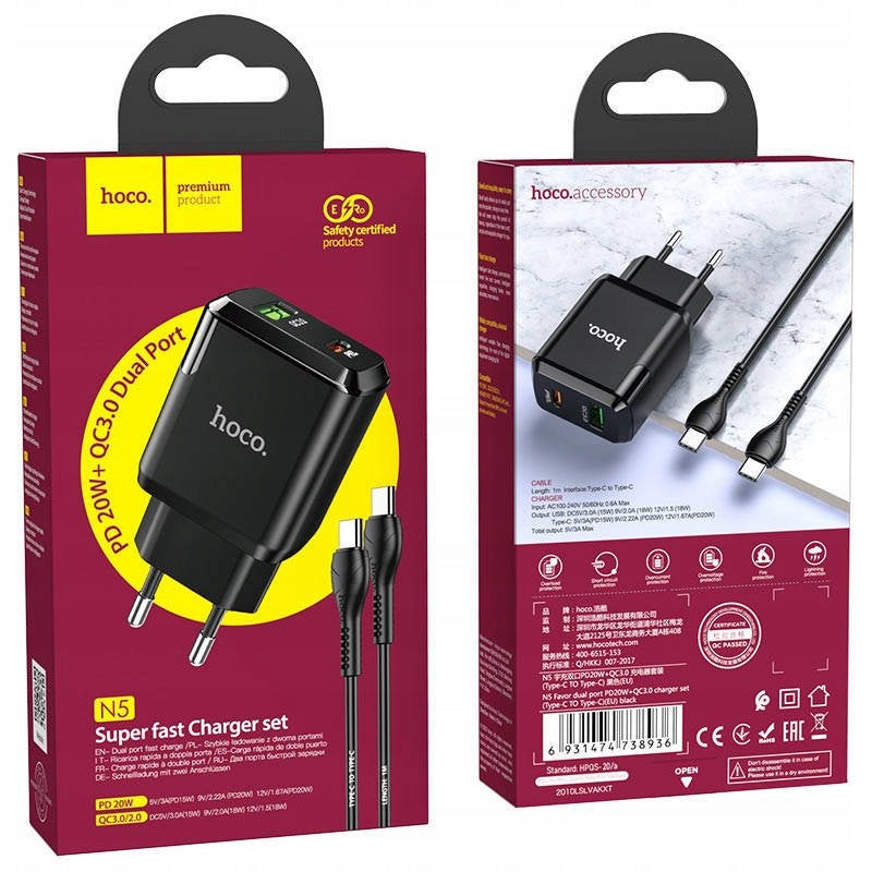 Ladegerät Hoco N5 USB Quick Charge 3.0 + PD 20W (3,1A) + Typ-C-Typ-C, schwarz 