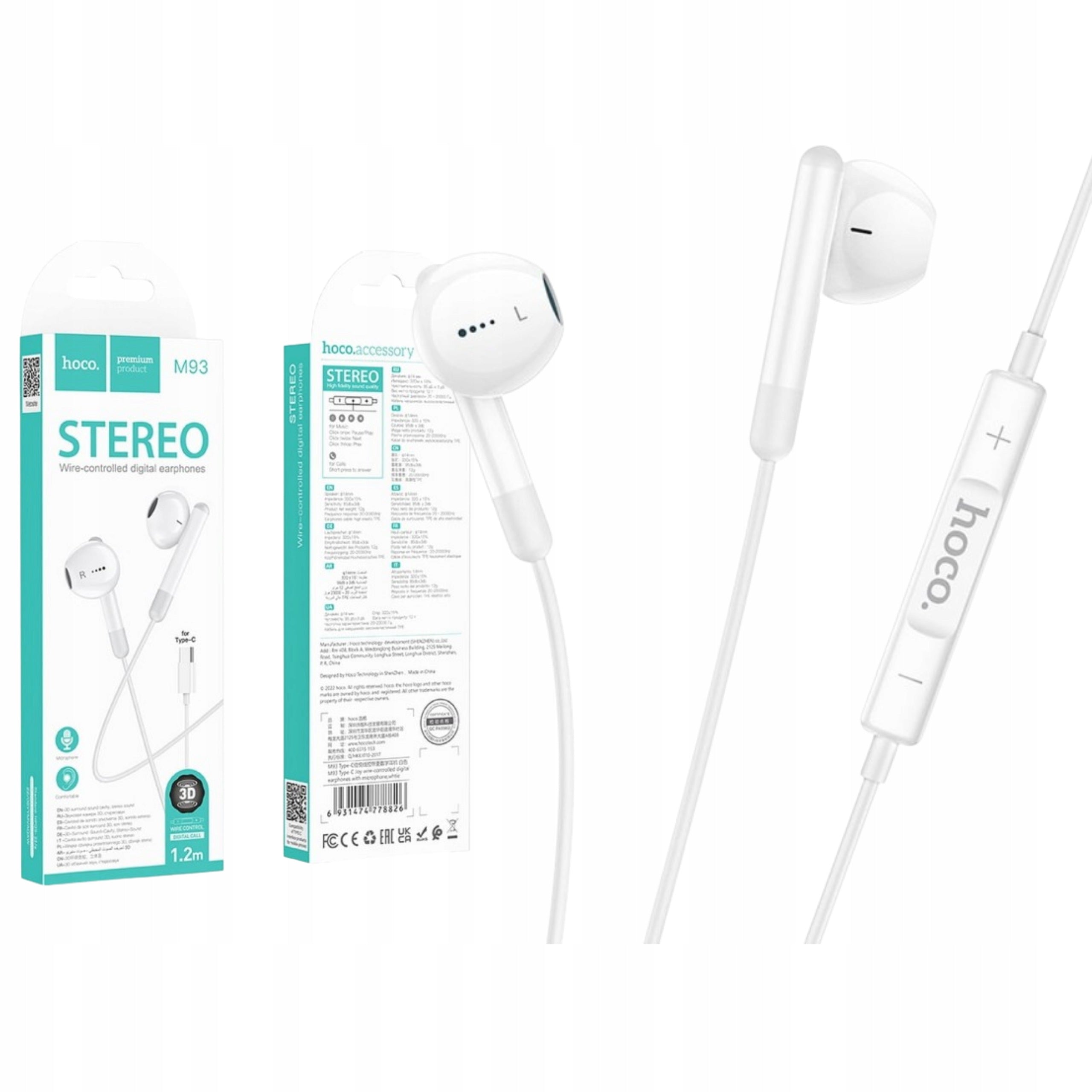 HOCO USB-C M93 Wired In-Ear Headphones On Cable with Microphone White