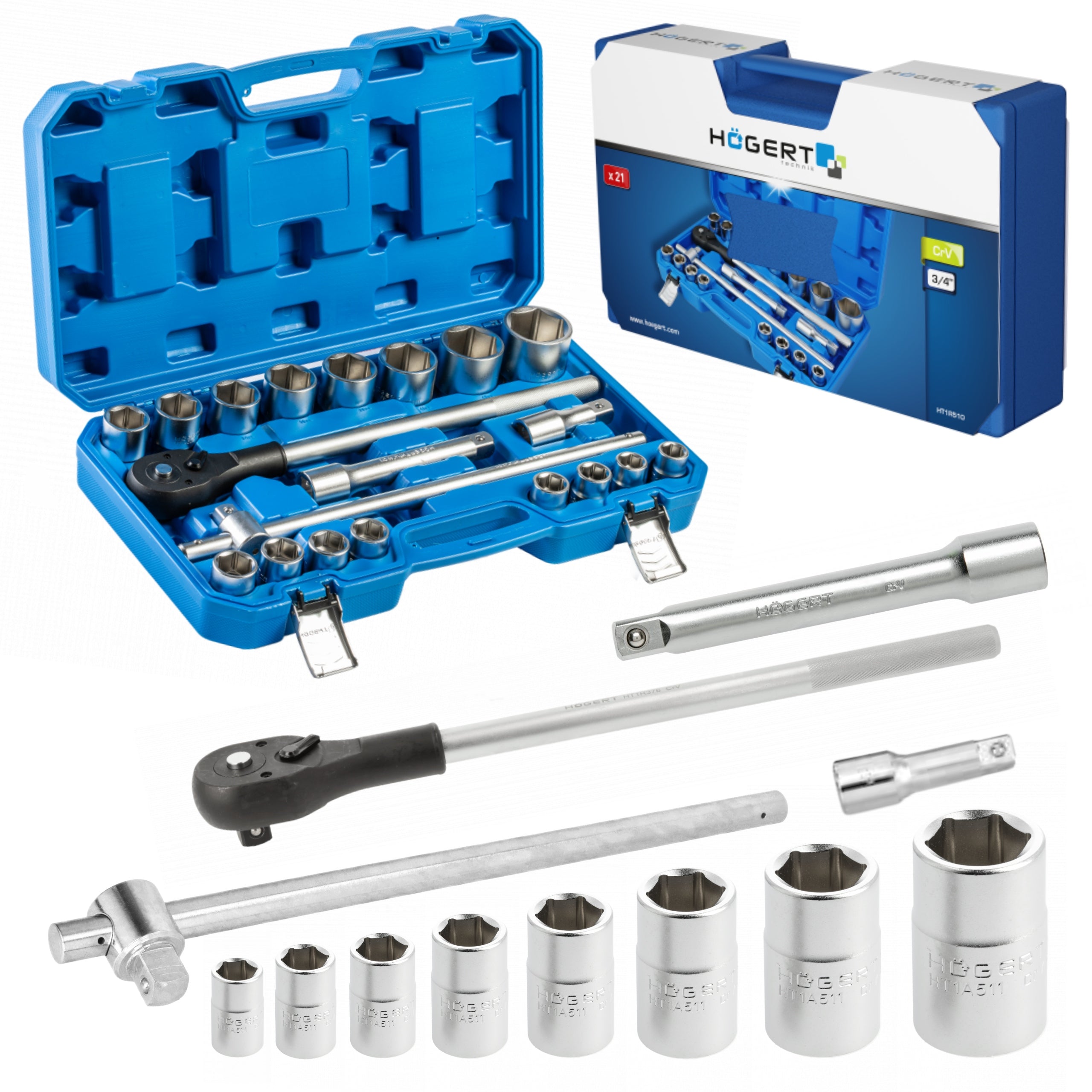 HOEGERT SET OF KEYS TOOL SET 21 PCS 3/4 RATCHET SUITCASE T1R510