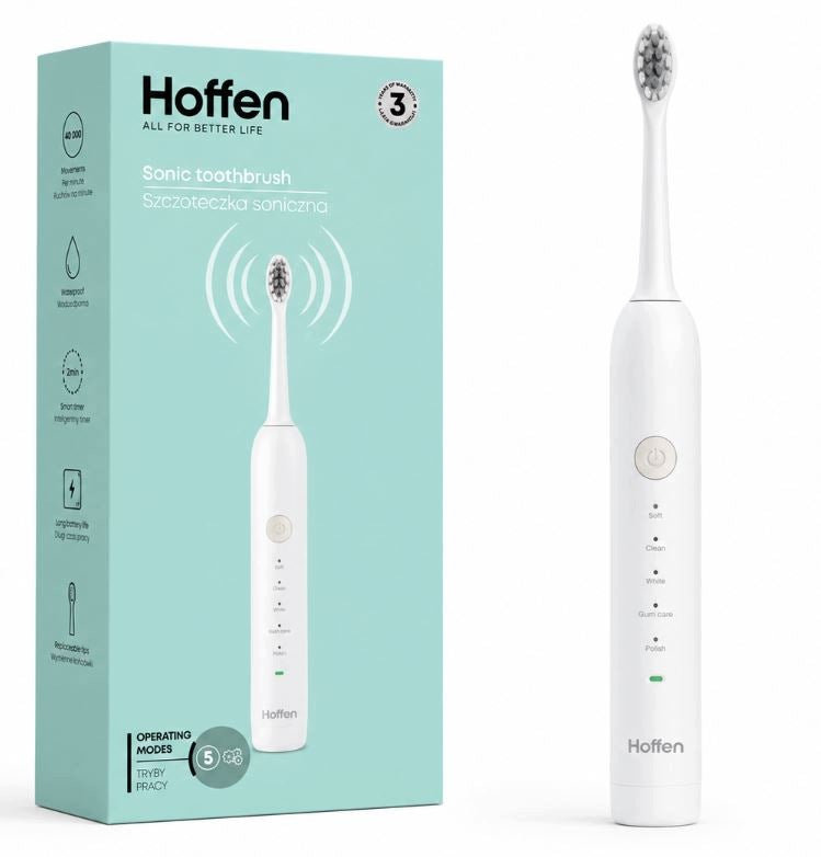 HOFFEN Sonic toothbrush 3 tips 5 operating modes case White IPX7