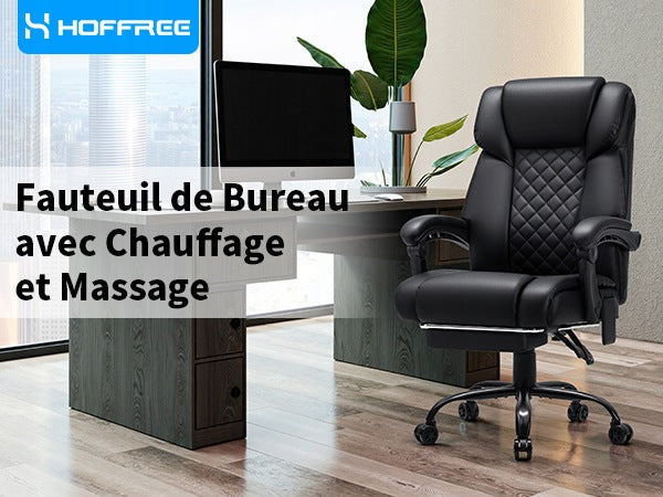 HOFFREE Massage Office Chair with Heating 7 Points 180° Black 200kg Furniture depth 53 cm
