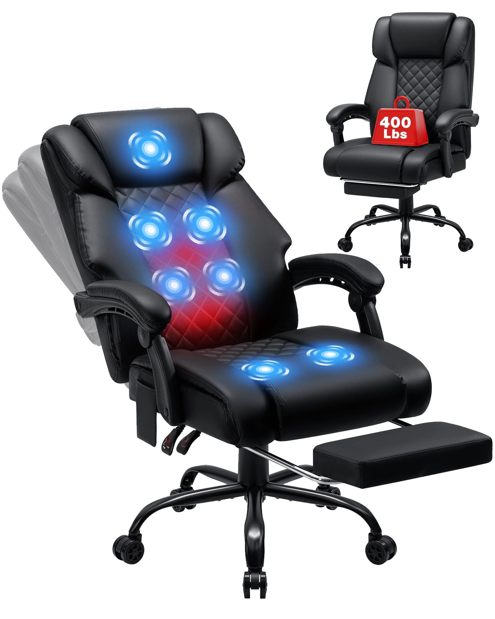 HOFFREE Massage Office Chair with Heating 7 Points 180° Black 200kg