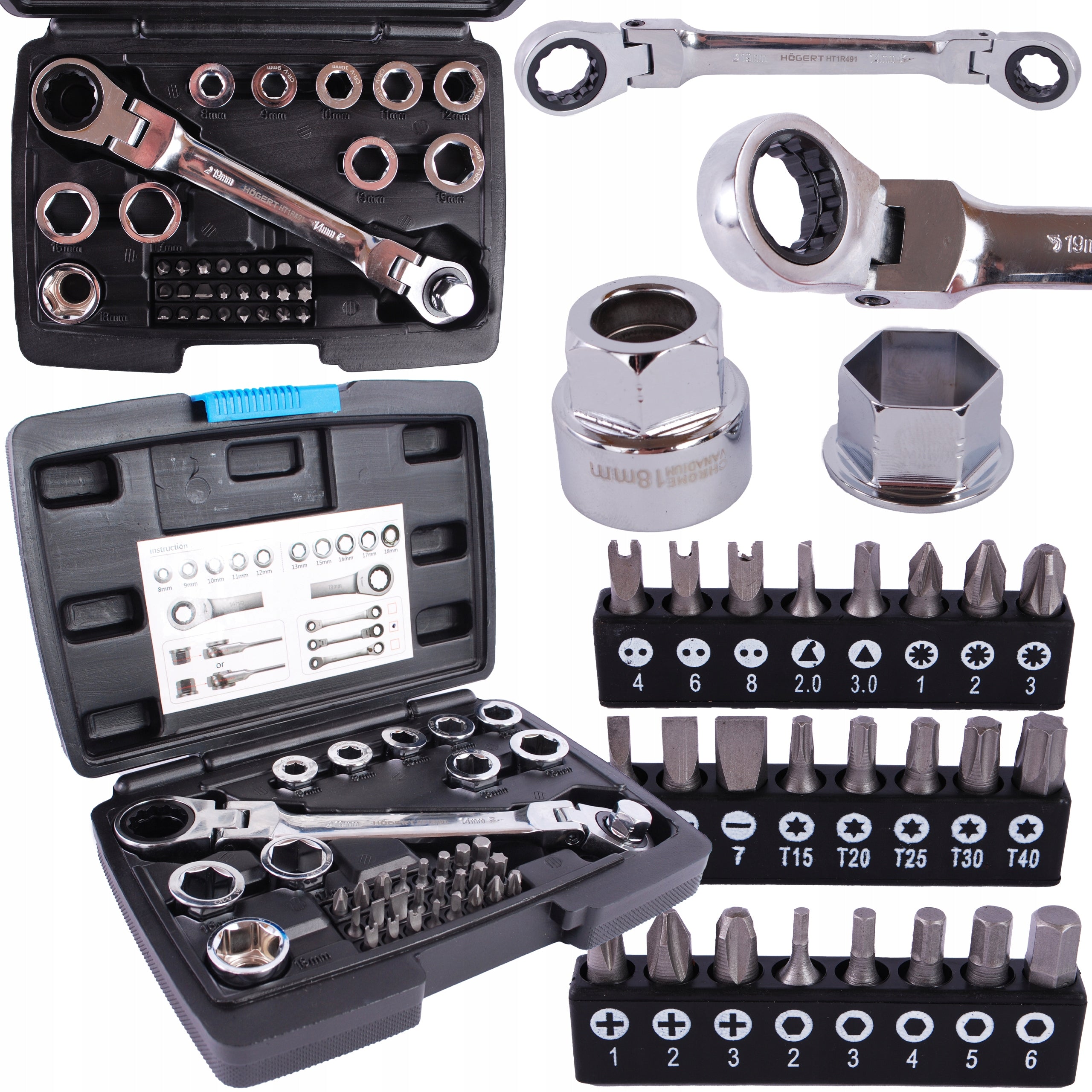 HOGERT HT1R491 SET EYE WRENCH CAPS BITS 36pcs articulating wrench